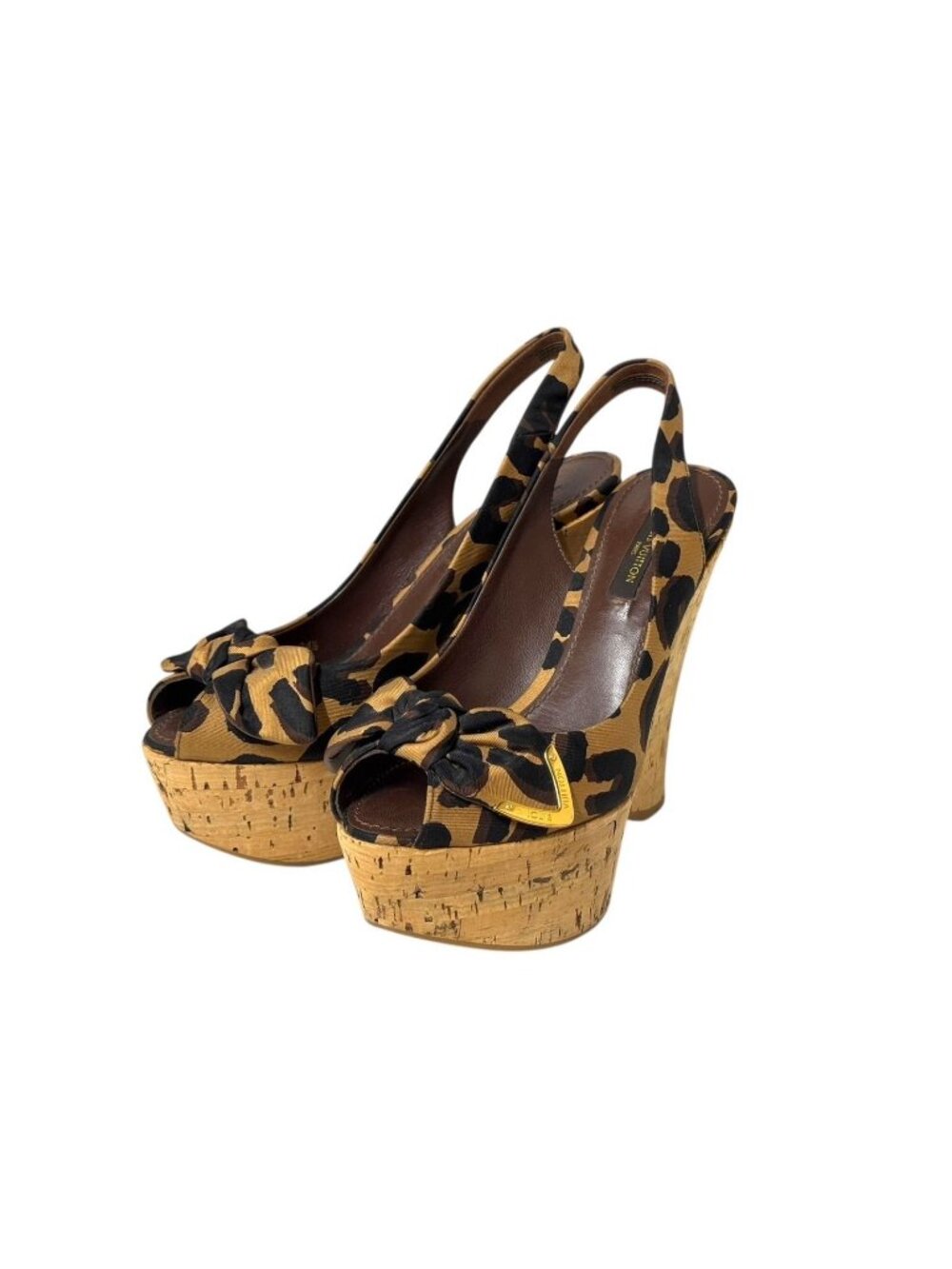 Louis Vuitton Leopard Print Sandals Wedge Sole Brown Black Gold